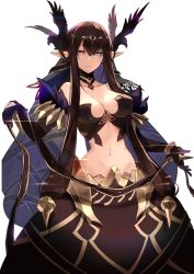 Rule 34 | 1girl, absurdly long hair, alternate costume, bird, black dress, black hair, breasts, bridal gauntlets, brown hair, cape, cleavage, closed mouth, cowboy shot, crow, detached collar, detached sleeves, dress, elbow gloves, fate/grand order, fate (series), fur trim, gloves, groin, hair between eyes, hair ornament, highres, karlwolf, large breasts, long dress, long hair, looking at viewer, lowleg, midriff, navel, pointy ears, semiramis (fate), slit pupils, smile, spikes, standing, stomach, very long hair, yellow eyes