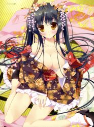 Rule 34 | 1girl, absurdres, bare shoulders, black hair, blush, breasts, brown hair, cleavage, floral print, frills, from above, highres, japanese clothes, kimono, large breasts, lolita fashion, long hair, looking at viewer, obi, off shoulder, original, parted lips, sandals, sash, sitting, solo, tabi, tatami, top pull, tsurusaki takahiro, twintails, very long hair, wa lolita, wariza