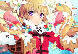 Rule 34 | 1girl, beads, blonde hair, blush, bow, breasts, coat, eyebrows hidden by hair, flower, food, fruit, hair flower, hair ornament, hands up, ice cream cone, charm (object), long hair, looking at viewer, mittens, ninomotonino, original, parted lips, purple eyes, red coat, ribbon, small breasts, snowflakes, snowman, solo, straight hair, strawberry, twintails, upper body, v-neck, waffle
