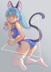 Rule 34 | 1girl, :p, animal ears, bell, blue bra, blue hair, blue nails, blue panties, bra, braid, cat cutout, cat ears, cat lingerie, cat tail, clothing cutout, extra ears, fingernails, full body, grey background, jingle bell, jj (ssspulse), kneeling, long hair, looking at viewer, meme attire, nail polish, panties, paw pose, precure, side-tie panties, simple background, solo, star twinkle precure, tail, thighhighs, tongue, tongue out, twin braids, underwear, white thighhighs, yellow eyes, yuni (precure)
