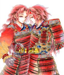 Rule 34 | 2boys, armor, brothers, closed mouth, cowboy shot, dressing another, earrings, eyelashes, facial mark, floral print, gloves, gradient clothes, highres, japanese armor, japanese clothes, jewelry, kimetsu no yaiba, kimono, kote, kusazuri, long hair, long sleeves, looking at another, looking at viewer, looking away, low ponytail, male focus, matching outfits, mintiaorion, multiple boys, outstretched arm, ponytail, profile, red eyes, red hair, red theme, shoulder armor, siblings, simple background, sode, tsugikuni michikatsu, tsugikuni yoriichi, twins, tying, white background