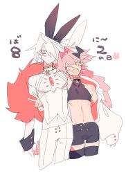 Rule 34 | 10r (tulipano), 2boys, arm around waist, astolfo (fate), black shorts, braid, bunny day, crop top, cropped legs, fang, fate/apocrypha, fate/grand order, fate (series), gem, hair over one eye, halterneck, karna (fate), long hair, male focus, male playboy bunny, multiple boys, pants, pectorals, pink hair, shorts, single braid, smile, v, very long hair, white pants