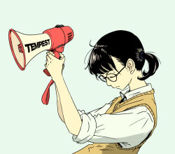 Rule 34 | 1girl, black-framed eyewear, black hair, closed eyes, closed mouth, collared shirt, commentary, english commentary, glasses, grey background, holding, holding megaphone, megaphone, open collar, original, ponytail, school uniform, shirt, simple background, sleeves rolled up, solo, sweater vest, tachenie, twintails, upper body, white shirt, yellow sweater vest