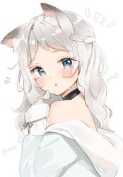 Rule 34 | 1girl, amanagi el, animal ear fluff, animal ears, black choker, blue dress, blue eyes, blush, cat ears, choker, dress, fang, fish hair ornament, grey hair, hair ornament, hand up, highres, hood, hood down, hooded dress, indie virtual youtuber, kinako (shiratama mochi), long hair, long sleeves, looking at viewer, looking to the side, off shoulder, parted bangs, parted lips, signature, simple background, sleeves past wrists, solo, upper body, white background