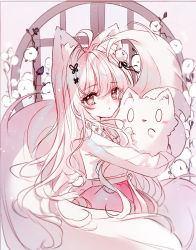 Rule 34 | 1girl, ahoge, animal, animal ear fluff, animal ears, animal hug, brown eyes, closed mouth, commentary request, floral background, flower, fox, fox ears, fox girl, fox tail, hair between eyes, hair flower, hair ornament, highres, long sleeves, looking at viewer, original, pink skirt, round window, shirt, skirt, solo, tail, tandohark, white hair, white shirt, window
