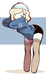 Rule 34 | 1girl, bent over, bike shorts, black shorts, blonde hair, blue background, blue hoodie, bowl, bowl hat, brown thighhighs, closed eyes, closed mouth, colored skin, facing viewer, from side, full body, hands on own shoulders, hat, hood, hoodie, light blush, long sleeves, no feet, no nose, organsoup, original, outside border, parted bangs, short hair, short shorts, shorts, smile, solo, standing, thighhighs, two-tone background, u u, white background, white hat, white skin
