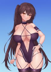 Rule 34 | 1girl, absurdres, azur lane, black thighhighs, blue background, breasts, brown hair, center opening, clenched hand, collarbone, cowboy shot, criss-cross halter, ear piercing, fingernails, halterneck, hand on own hip, highres, huge breasts, long hair, multicolored clothes, multicolored legwear, navel, one side up, orange eyes, piercing, pinkcap, purple thighhighs, race queen, solo, thighhighs, thighs, very long hair, wrist cuffs, zuikaku (azur lane), zuikaku (the wind&#039;s true name) (azur lane)