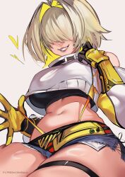 Rule 34 | absurdres, ahoge, black gloves, black sports bra, blonde hair, breasts, clothing cutout, crop top, cropped sweater, elegg (nikke), exposed pocket, gloves, goddess of victory: nikke, grey shorts, grin, hair intakes, hair over eyes, highres, large breasts, long bangs, long sleeves, looking at viewer, micro shorts, multicolored clothes, multicolored gloves, multicolored hair, navel, patreon username, short hair, shorts, shoulder cutout, smile, sports bra, suliavtuber, suspender shorts, suspenders, thigh strap, thighs, two-tone hair, yellow gloves