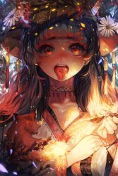 Rule 34 | 1girl, berry, black hair, choker, commentary request, flower, fox, hayanse, highres, holding, korean commentary, long hair, looking at viewer, oni, open mouth, original, parted lips, red eyes, solo, tongue, tongue out, white flower