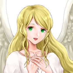 Rule 34 | 1girl, :d, aplche, blonde hair, collarbone, fire emblem, fire emblem: radiant dawn, green eyes, leanne (fire emblem), long hair, looking at viewer, nintendo, open mouth, portrait, simple background, smile, solo, swept bangs, white background