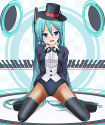 Rule 34 | 1girl, aqua eyes, aqua hair, arms behind back, bad id, bad pixiv id, colorized, eto, fishnet pantyhose, fishnets, full body, hat, hatsune miku, headset, kneeling, leotard, long hair, looking at viewer, magician, miracle paint (vocaloid), pantyhose, project diva, project diva (series), smile, solo, thighhighs, top hat, twintails, very long hair, vocaloid