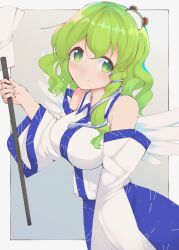 Rule 34 | 1girl, absurdres, bare shoulders, blue skirt, blush, breasts, closed mouth, detached sleeves, frog hair ornament, gohei, green eyes, green hair, hair between eyes, hair ornament, highres, holding, holding gohei, japanese clothes, kochiya sanae, large breasts, long hair, nazawa (nother), nontraditional miko, skirt, snake hair ornament, solo, touhou, white sleeves, white wings, wide sleeves, wings