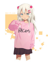 Rule 34 | 1girl, alternate costume, artist name, black skirt, clothes writing, cropped legs, dated, grecale (kancolle), green eyes, hair ornament, hairclip, hatsuzuki 527, highres, kantai collection, long hair, looking at viewer, one-hour drawing challenge, pink sweater, pleated skirt, silver hair, skirt, solo, sweater, tan, tongue, tongue out, two side up, wavy hair, white background