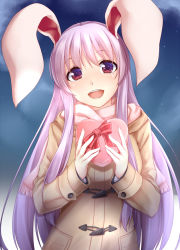 Rule 34 | 1girl, alternate costume, animal ears, bad id, bad pixiv id, box, coat, commentary request, fingernails, gift, gift box, hands up, head tilt, heart, heart-shaped box, hisae (hisae collect), long hair, long sleeves, looking at viewer, night, night sky, open mouth, outdoors, pink hair, rabbit ears, red eyes, reisen udongein inaba, sky, smile, solo, touhou, upper body, very long hair