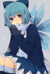 Rule 34 | 1girl, ari suzushi, bad id, bad pixiv id, black gloves, blue eyes, blue hair, blush, boots, bow, cirno, dress, fang, gloves, hair bow, highres, matching hair/eyes, open mouth, scarf, short hair, solo, sweater, touhou, wings