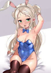 Rule 34 | 1girl, animal ears, arm up, armpits, azur lane, bare shoulders, black thighhighs, blonde hair, blue bow, blue bowtie, blue leotard, blush, bow, bowtie, breasts, breasts apart, cameltoe, cleft of venus, covered navel, dedorudy, detached collar, fake animal ears, green eyes, highres, leotard, long hair, looking at viewer, medium breasts, open mouth, playboy bunny, rabbit ears, sidelocks, sims (azur lane), sitting, solo, teeth, thighhighs, two side up, upper teeth only, wrist cuffs