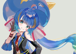 Rule 34 | 1girl, absurdres, ahoge, black gloves, black jacket, blue eyes, blue hair, blue headwear, bracelet, braid, clothing cutout, commentary, eel hat, eighth note, facial tattoo, gloves, grin, hair ribbon, hand on own hip, hand up, highres, jacket, jewelry, large hat, long hair, low-braided long hair, low-tied long hair, musical note, necktie, note55885, otomachi una, otomachi una (spicy), red necktie, ribbon, shoulder cutout, smile, solo, tattoo, upper body, very long hair, vocaloid