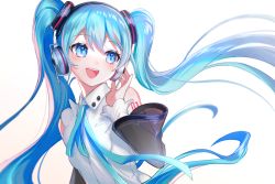 Rule 34 | 1girl, bare shoulders, black sleeves, blouse, blue eyes, blue hair, blue ribbon, commentary, detached sleeves, hair ornament, hand on headphones, hatsune miku, hatsune miku (nt), headphones, layered sleeves, letta illust, long hair, looking to the side, neck ribbon, open mouth, piapro, ribbon, see-through, see-through sleeves, shadow, shirt, shoulder tattoo, sleeveless, sleeveless shirt, smile, solo, tattoo, twintails, upper body, very long hair, vocaloid, white background, white shirt, white sleeves
