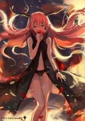 Rule 34 | 1girl, absurdres, bare arms, bare legs, bare shoulders, black dress, black panties, bracelet, demon girl, demon horns, dress, flower, highres, horns, jewelry, long hair, looking at viewer, midriff, open clothes, open dress, original, panties, petals, pixiv fantasia, pixiv fantasia t, pointy ears, red eyes, red hair, sishenfan, sleeveless, sleeveless dress, smelling flower, solo, spider lily, thigh gap, underwear, very long hair, wind