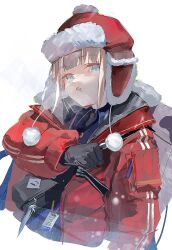 Rule 34 | 1boy, backpack, bag, black gloves, blonde hair, blue eyes, blue shirt, blunt bangs, breath, captain nemo (fate), collared shirt, commentary request, cropped torso, dress shirt, fanny pack, fate/grand order, fate (series), fur-trimmed jacket, fur hat, fur trim, gloves, hat, head tilt, holding strap, jacket, long sleeves, looking at viewer, male focus, nemo (fate), nemo (santa) (fate), open clothes, open jacket, open mouth, pom pom (clothes), red hat, red jacket, shirt, sidelocks, simple background, solo, ubwmitekure, ushanka, white background