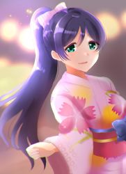 Rule 34 | 1girl, alternate hairstyle, aqua eyes, artist name, artist request, blue bow, blush, bow, breasts, clenched hand, female focus, floral print, flower print, green eyes, hair bow, hair ornament, hairclip, high ponytail, highres, japanese clothes, kimono, long hair, long sleeves, looking at viewer, love live!, love live! school idol festival, love live! school idol project, medium breasts, obi, parted lips, pink bow, pink kimono, polka dot, polka dot bow, ponytail, purple hair, sash, smile, solo, tanabata, tojo nozomi