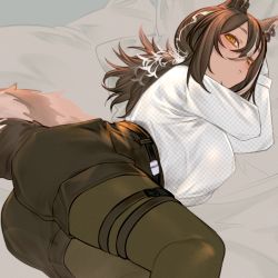 Rule 34 | 1girl, animal ears, arknights, ass, black shorts, blush, breasts, brown hair, brown pantyhose, closed mouth, feet out of frame, high-waist shorts, highres, kochiya (gothope), large breasts, long hair, long sleeves, looking at viewer, low ponytail, lying, on bed, on side, pantyhose, pantyhose under shorts, pillow, raccoon ears, raccoon girl, raccoon tail, robin (arknights), shirt, shorts, sidelocks, solo, tail, thigh strap, white shirt, yellow eyes
