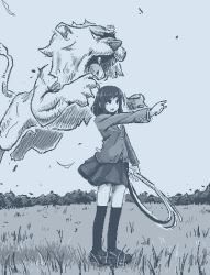 Rule 34 | 1girl, animal, attack, blazer, empty eyes, foliage, grass, hamsterfragment, hand up, hatching (texture), holding, holding whip, jacket, jaggy lines, lion, loafers, long sleeves, medium hair, monochrome, no pupils, open mouth, original, outdoors, over-kneehighs, pointing, school uniform, shoes, skirt, solo, standing, suicidal girl (hamsterfragment), thighhighs, whip, wind