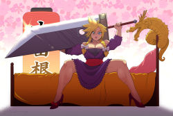 Rule 34 | 1boy, aaron schmit, bare shoulders, blonde hair, blue eyes, braid, buster sword, cloud strife, collarbone, crossdressing, dress, eyelashes, eyeshadow, final fantasy, final fantasy vii, floral background, high heels, highres, lantern, lens flare, makeup, male focus, open mouth, over shoulder, paid reward available, purple dress, purple heels, red footwear, sitting, solo, spiked hair, spread legs, sword, thick thighs, thighs, twin braids, wall market, weapon, weapon over shoulder