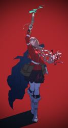 Rule 34 | 1girl, arm up, bag, bandage over one eye, belt, black coat, black skirt, boots, braid, braided ponytail, breasts, coat, coat on shoulders, fate/grand order, fate (series), florence nightingale (fate), full body, gloves, gun, highres, holding, holding gun, holding weapon, long hair, long sleeves, looking at viewer, medium breasts, military, military uniform, open mouth, pantyhose, pink hair, red background, red eyes, skirt, smoke, smoking gun, solo, uaaaou, uniform, weapon, white gloves, white pantyhose