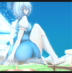Rule 34 | 1girl, ass, bad id, bad nicoseiga id, blue eyes, blue hair, bow, cirno, day, destruction, dress, from behind, giant, giantess, hair bow, highres, huge giantess, letterboxed, matching hair/eyes, mountain, neva, open mouth, sky, smile, solo, touhou, wings
