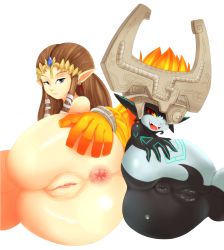Rule 34 | 2girls, anus, ass, ass-to-ass, brown hair, cleft of venus, elf, helmet, huge ass, legs together, looking at viewer, lying, mato spectoru, midna, multiple girls, nintendo, nude, on side, orange hair, pointy ears, presenting, presenting anus, presenting pussy, princess zelda, pussy, smile, spread ass, take your pick, the legend of zelda, the legend of zelda: twilight princess, tiara, uncensored, white background