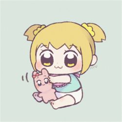 Rule 34 | 10s, 1girl, :3, aged down, ayu (mog), baby, blonde hair, blue background, blue shirt, blush, character doll, commentary request, diaper, full body, hair ornament, hair scrunchie, holding, looking at viewer, pipimi, poptepipic, popuko, scrunchie, shirt, short hair, short sleeves, simple background, sitting, solo, twintails, yellow eyes