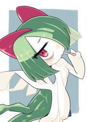 Rule 34 | bags under eyes, cigarette, colored skin, creatures (company), game freak, gen 3 pokemon, green hair, hair over one eye, highres, holding, holding cigarette, horns, ino (tellu0120), kirlia, looking at viewer, multicolored skin, nintendo, pink eyes, pokemon, pokemon (creature), sidelocks, simple background, square, two-tone skin, white skin
