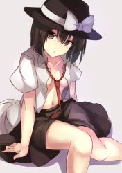Rule 34 | 1girl, arm support, black hat, blouse, bow, breasts, brown eyes, brown hair, brown skirt, collarbone, grey background, hair between eyes, hat, hat bow, hat ribbon, janne cherry, looking at viewer, medium breasts, navel, necktie, no bra, open clothes, open shirt, parted lips, red necktie, ribbon, shirt, short sleeves, simple background, sitting, skirt, solo, touhou, usami renko, white ribbon, white shirt