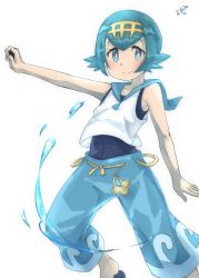 Rule 34 | 1girl, bare arms, blouse, blue eyes, blue hair, bright pupils, capri pants, commentary request, creatures (company), game freak, highres, lana (pokemon), looking at viewer, nintendo, outstretched arm, pants, pokemon, pokemon sm, school swimsuit, shirt, short hair, signature, simple background, sleeveless, sleeveless shirt, smile, solo, swimsuit, swimsuit under clothes, thin (suzuneya), water, white background