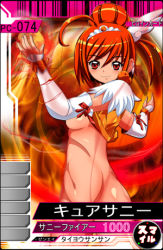 Rule 34 | 10s, 1girl, blush, breasts, card (medium), clothes lift, cure sunny, detached sleeves, fire, functionally nude, hair bun, hair ornament, hassaku (rapidangel), hino akane (smile precure!), long sleeves, looking at viewer, lowres, navel, orange shirt, precure, red background, red eyes, red hair, shirt, shirt lift, single hair bun, small breasts, smile, smile precure!, standing, wing hair ornament