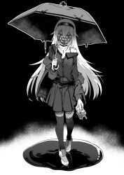 Rule 34 | 1girl, black background, black survival, blood, blood bag, choker, cross, cross necklace, fishnet pantyhose, fishnets, full body, greyscale, highres, holding, holding umbrella, jacket, jacket partially removed, jewelry, long sleeves, looking at viewer, mask, miniskirt, mnnnya, monochrome, mouth mask, necklace, off shoulder, pantyhose, pleated skirt, pool of blood, print mask, shirt, shoes, skirt, solo, standing, thighhighs, umbrella, walking