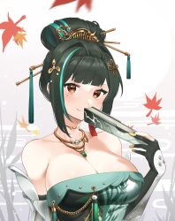 Rule 34 | 1girl, bare shoulders, black gloves, black hair, breasts, brown eyes, china dress, chinese clothes, cleavage, dress, folded ponytail, folding fan, gloves, green dress, green hair, hair ornament, hand fan, hanying (punishing: gray raven), highres, holding, holding fan, jewelry, large breasts, long hair, multicolored hair, myam (123ab456c), nail polish, necklace, partially fingerless gloves, punishing: gray raven, sidelocks, streaked hair