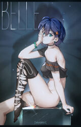 1girl absurdres belle_(disney) belle_(zenless_zone_zero) black_thighhighs blue_hair breasts doomykiwi feet green_eyes highres legs looking_at_viewer medium_breasts no_panties off-shoulder_shirt off_shoulder shirt short_hair single_thighhigh sitting thighhighs torn_clothes torn_thighhighs zenless_zone_zero