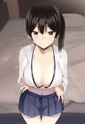 Rule 34 | 10s, 1girl, absurdres, bad id, bad pixiv id, blue skirt, breast hold, breasts, cleavage, cowboy shot, from above, hakama, hakama short skirt, hakama skirt, highres, japanese clothes, kaga (kancolle), kantai collection, large breasts, looking at viewer, sanku, side ponytail, skirt, solo, yellow eyes
