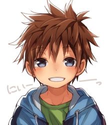 Rule 34 | 1boy, blue eyes, blush, brown hair, child, grin, looking at viewer, male focus, original, simple background, smile, solo, wool bl