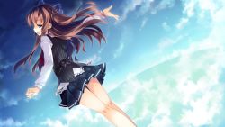 Rule 34 | 1girl, brown hair, cloud, game cg, green eyes, guardian place, hair ornament, highres, legs, long hair, looking back, ootori aoi, open mouth, school uniform, skirt, sky, smile, solo, standing, tsurugi hagane, twintails, wind