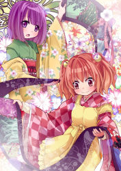 Rule 34 | 2girls, 54hao, apron, bell, blush, bow, checkered clothes, checkered shirt, female focus, floral background, flower, hair bell, hair bow, hair flower, hair ornament, hieda no akyuu, highres, japanese clothes, jingle bell, kimono, long sleeves, motoori kosuzu, multiple girls, open mouth, purple eyes, purple hair, red eyes, red hair, ribbon, scroll, shirt, short hair, smile, touhou, twintails, wide sleeves