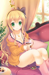 Rule 34 | 1girl, bad id, bad pixiv id, blonde hair, blush, bow, breasts, cable, cellphone, cleavage, coffee, collarbone, cookie, couch, cup, digital media player, dress, food, green eyes, hair bow, highres, hot chocolate, indoors, jacket, jewelry, legs, long hair, long sleeves, looking at viewer, medium breasts, mitsuki tsumi, mug, necklace, original, phone, pillow, red upholstery, sitting, smartphone, smile, solo, steam