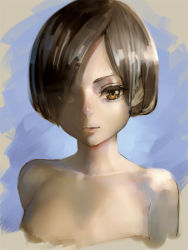 Rule 34 | 1girl, aro (charged time out), bad id, bad pixiv id, bare shoulders, brown eyes, brown hair, collarbone, hair over one eye, looking at viewer, original, short hair, simple background, solo, upper body