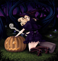 Rule 34 | 1girl, blonde hair, boots, broom, forest, goth fashion, halloween, hat, jack-o&#039;-lantern, knee boots, kneeling, kunishige keiichi, lipstick, makeup, nature, night, pumpkin, purple skirt, skirt, solo, witch, witch hat, yellow eyes