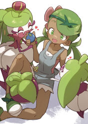 1girl :d ^_^ arm_support bare_shoulders berry_(pokemon) blush bounsweet closed_eyes collarbone commentary_request creatures_(company) dark-skinned_female dark_skin evolutionary_line flower food fruit game_freak gazacy_(dai) gen_7_pokemon green_eyes green_footwear green_hair green_headband grey_overalls grey_shorts hair_flower hair_ornament hand_up headband heart highres holding holding_food holding_fruit knee_up long_hair low_twintails mallow_(pokemon) nintendo open_mouth oran_berry overall_shorts overalls parted_bangs pink_flower pink_shirt plant pokemon pokemon_(creature) pokemon_sm shirt shoes short_shorts shorts simple_background sitting smile solo steenee swept_bangs tsareena twintails vines white_background