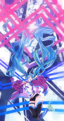 Rule 34 | 1girl, :d, absurdly long hair, aqua hair, black shorts, black thighhighs, blue eyes, blue hair, blush, breasts, detached sleeves, disintegration, floating hair, hair between eyes, hands up, hatsune miku, highres, jacket, jumping, long hair, looking at viewer, medicine melancholy, medium breasts, multicolored hair, open clothes, open jacket, open mouth, purple jacket, shirt, shoes, short shorts, shorts, sidelocks, sieru, smile, sneakers, solo, thigh strap, thighhighs, twintails, very long hair, vocaloid, white shirt, wind