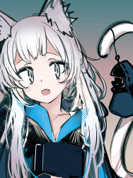 Rule 34 | 1girl, :d, animal ear fluff, animal ears, arknights, black jacket, blush, cat ears, cat girl, cat tail, character doll, collarbone, doctor (arknights), fang, grey eyes, highres, jacket, long hair, looking at viewer, open mouth, rosmontis (arknights), smile, solo, tail, tail raised, tetuw, upper body, very long hair, white hair