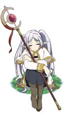 Rule 34 | 1girl, black pantyhose, boots, brown footwear, capelet, closed eyes, dangle earrings, earrings, elf, frieren, full body, gold trim, grey hair, highres, holding, holding staff, hugging own legs, jacket, jewelry, kengo kumaxile, long hair, long sleeves, pantyhose, parted bangs, pointy ears, shirt, sitting, skirt, solo, sousou no frieren, staff, striped clothes, striped shirt, twintails, white background, white capelet, white jacket, white skirt
